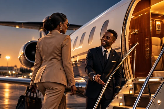 A passenger being welcomed aboard a private jet at sunset