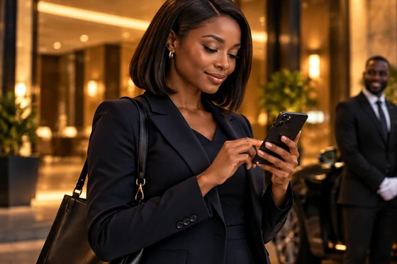 A rider booking a car on her phone while a chauffeur waits