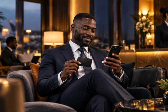 A member in a hotel lounge holding a membership card and a phone