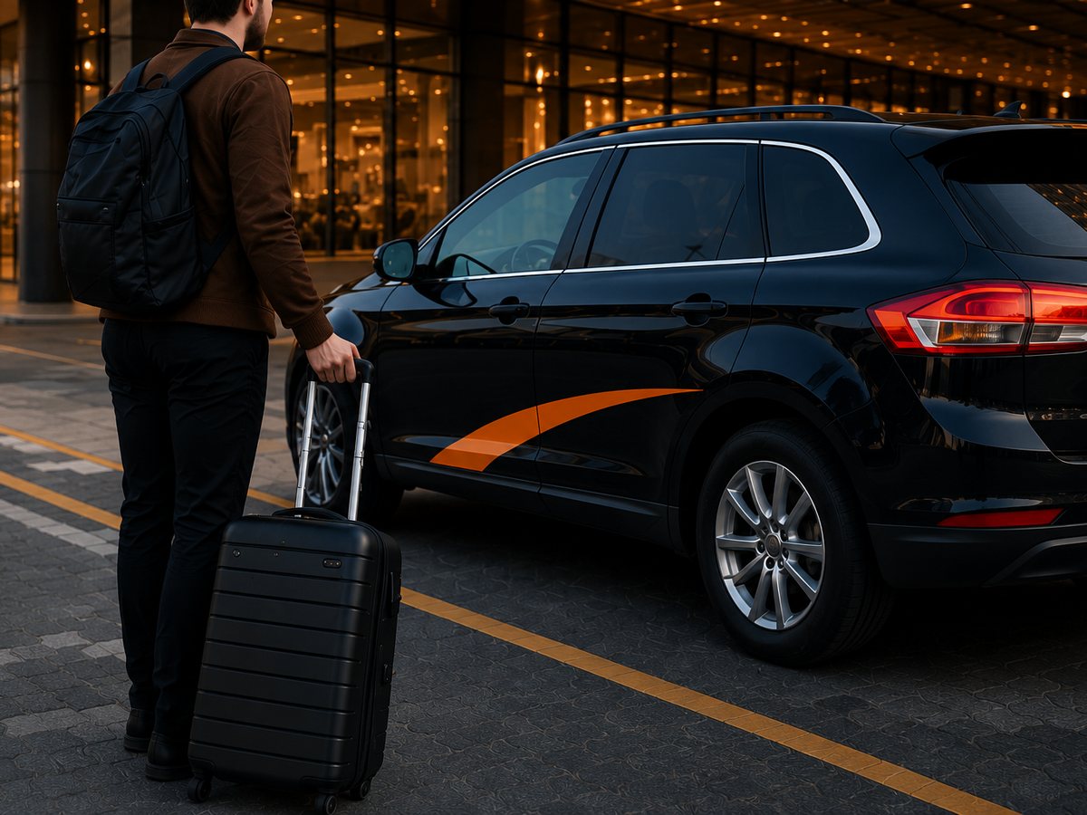 A traveller with luggage approaching a RideArrivo vehicle at night